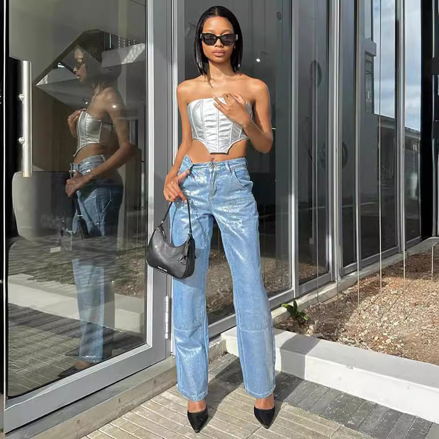 European and american style straight-legjeans  export women's summer street casualhigh waist bronzing casualpants