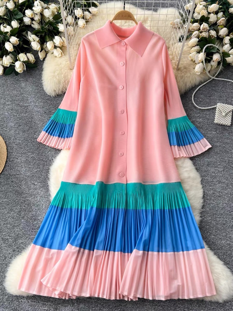 Cross-border  women's clothing color matching ruffle edge horn sleeve pleated dress lapel cardigan chiffon dress