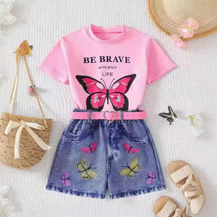 new cross-border girls' fashion set: european & american style butterfly print top + faux denim print pants