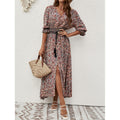 Real shot rayon fixed slotprinting three-quarter sleeve waist bohemiadress travel and vacation buttoned beach dress