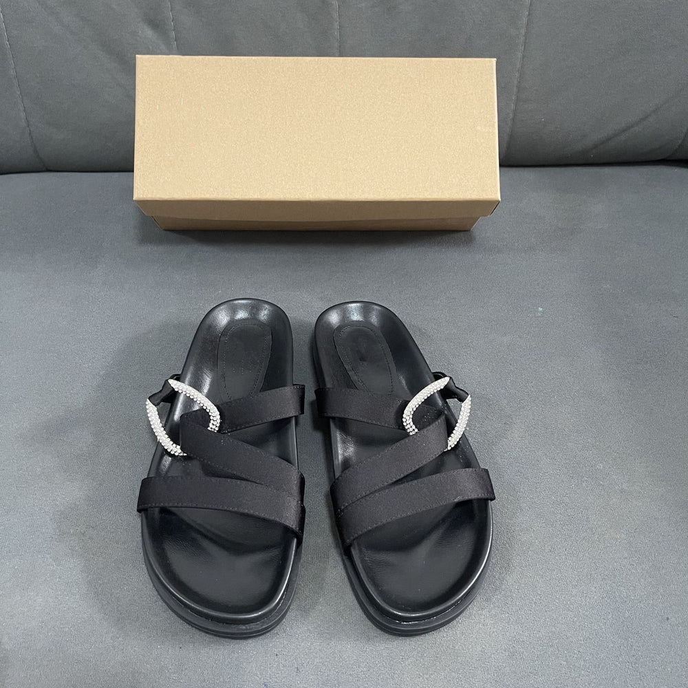 Spain 2024 summer new one-strap open-back women's shoes black rhinestone embellished flat round-toe european and american sandals