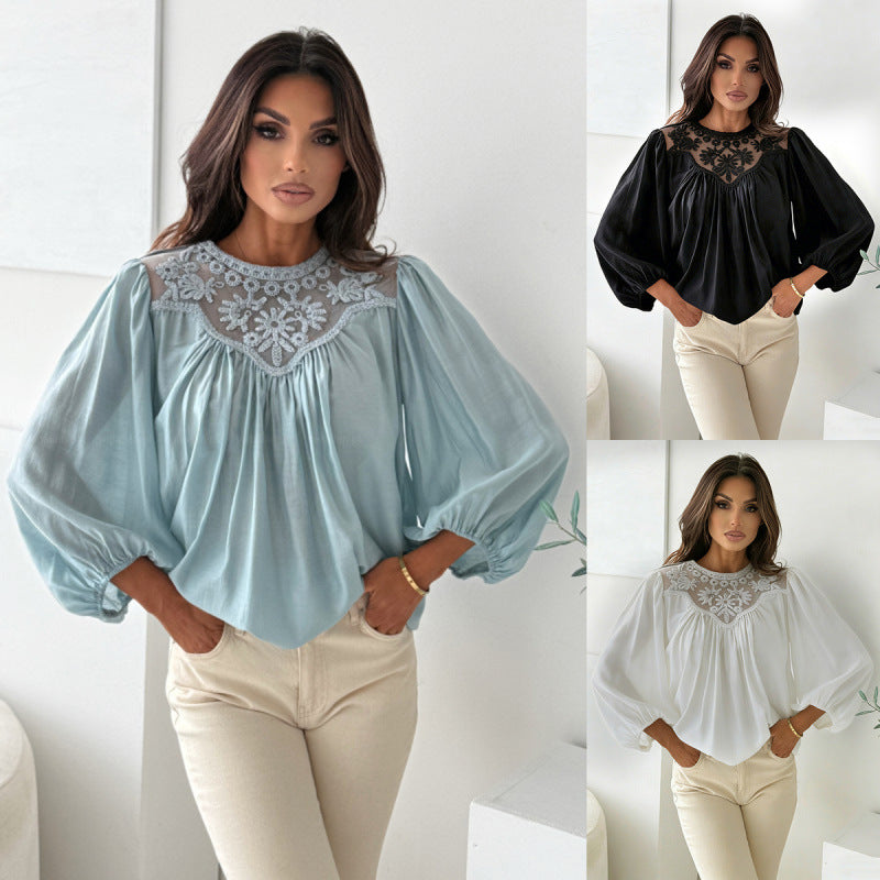 Aliexpress new arrival: round neck long sleeve ruffle collar pleated top blouse