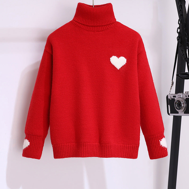 Girlsweater high collar fleece-lined winter kids heart woolentopsgirlwinterthickened bottomknitting shirt