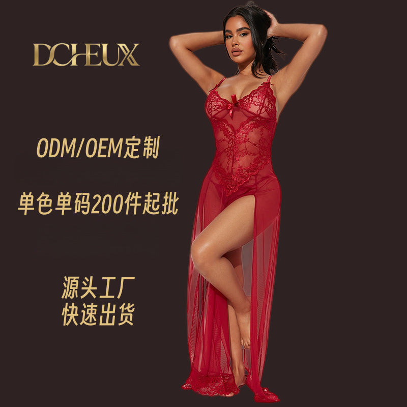 Dcheux european and american cross-border hot-selling wholesale sexy nightgown lace hollow see-through large size long skirt can be customized