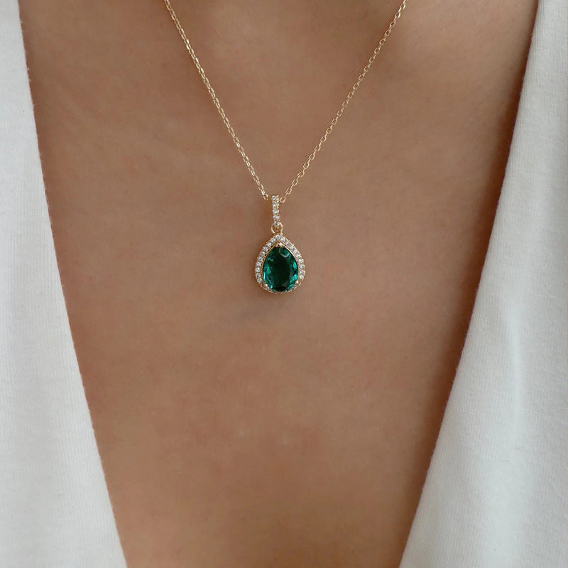 Emerald crystal necklace wholesale european and american autumn and winter jewelry accessories women's water drop retroniche styleclassy sense sweater chain
