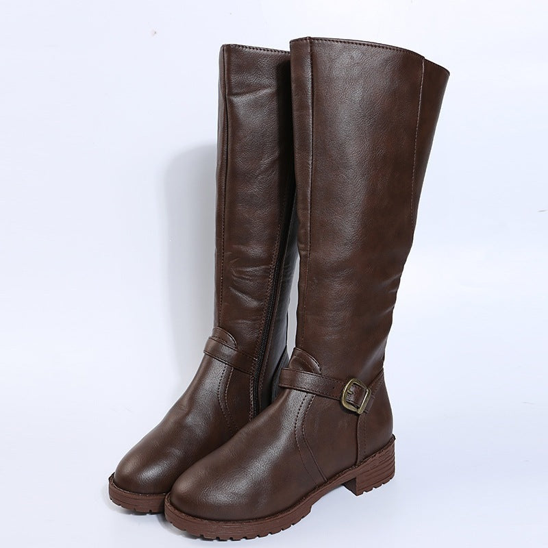 Women's leather boots for export -  spring/autumn new collection: zippered low-heel over-the-knee boots, european & american style, knight boots, high-top women's boots