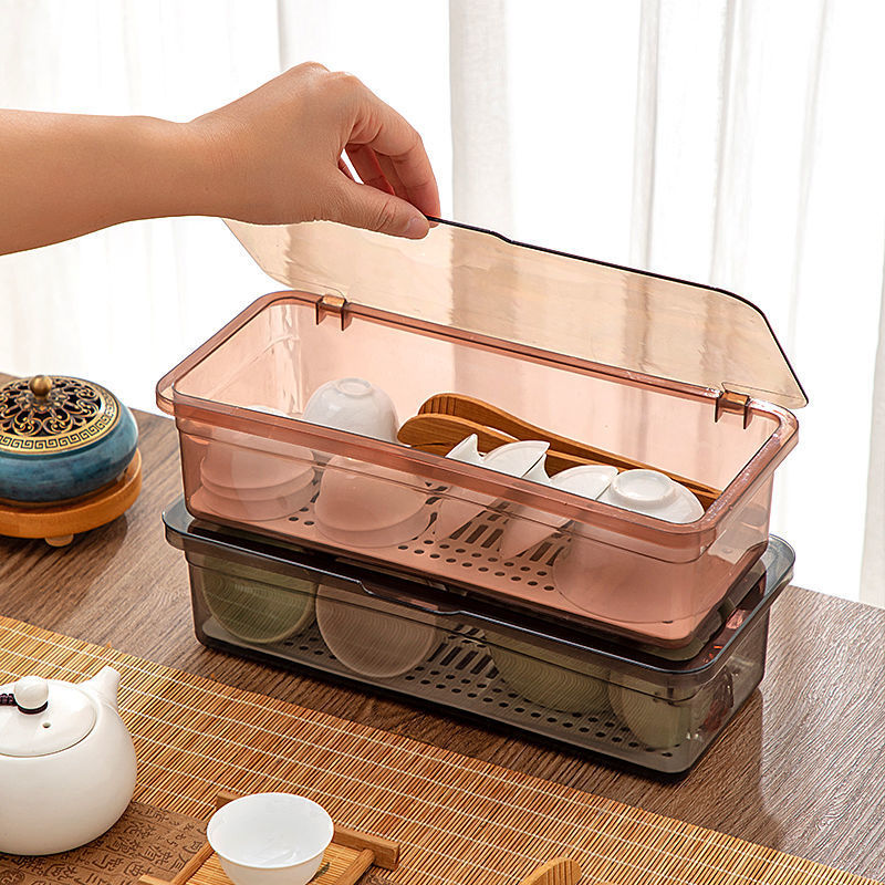 Desktop storage box Dustproof portable Kung Fu teacup tea set storage box Plastic clamshell teapot storage box