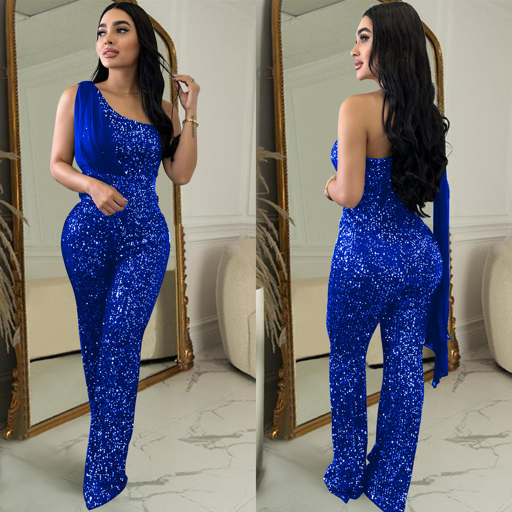 C6778 cross-border   fashion women's solid color sleeveless one-shoulder sequin pants jumpsuit