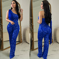 C6778 cross-border   fashion women's solid color sleeveless one-shoulder sequin pants jumpsuit