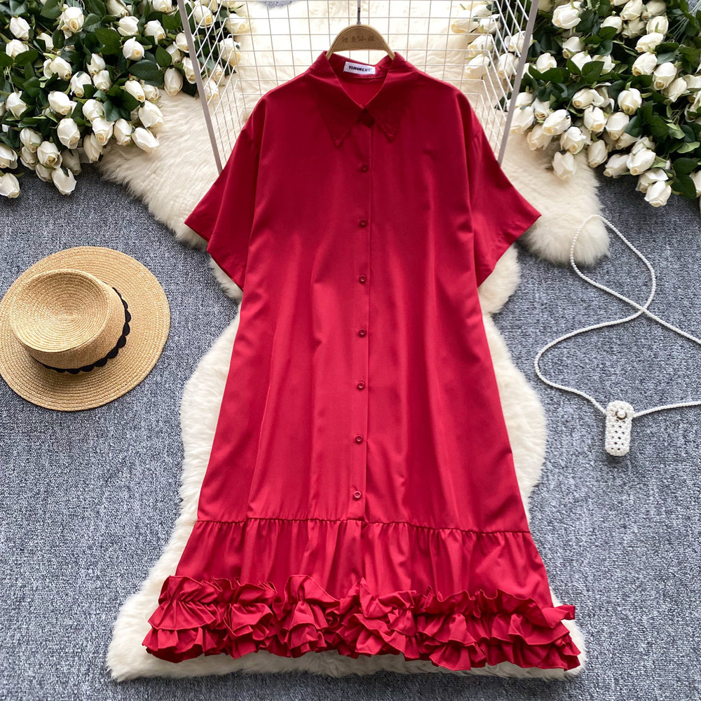 European and american style women's summer dress - unique design, loose fit, slimming, short sleeve, single-breasted, ruffle hem shirt dress
