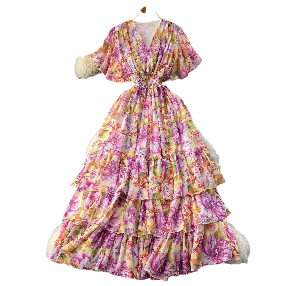 Frenchretrov neckruffle sleeve pleated floral dress women's summerhigh waistslimming look drape chiffon long skirt