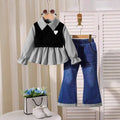 new autumn cross-border girls' collared shirt with patchwork top + denim flare pants two-piece set