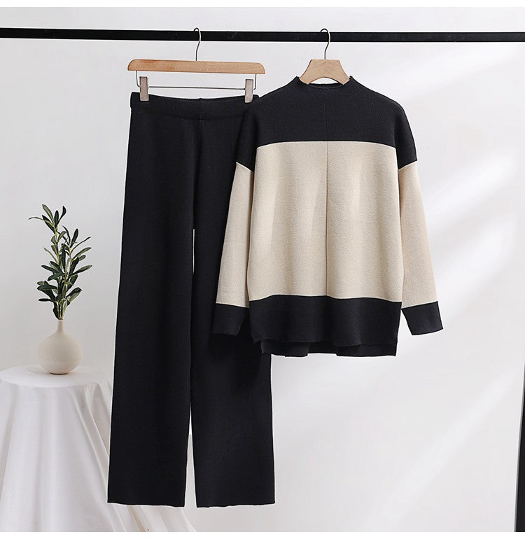 K-stylelong sleevesfashionsuit women's loose stand collar stripesknitting shirttopstwo-piece sethigh waiststraight-legloose pants