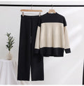K-stylelong sleevesfashionsuit women's loose stand collar stripesknitting shirttopstwo-piece sethigh waiststraight-legloose pants