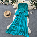 Retroelegance style lantern sleeve v necklacepatchworkdress female k-style waist slimming lookelegant long skirt