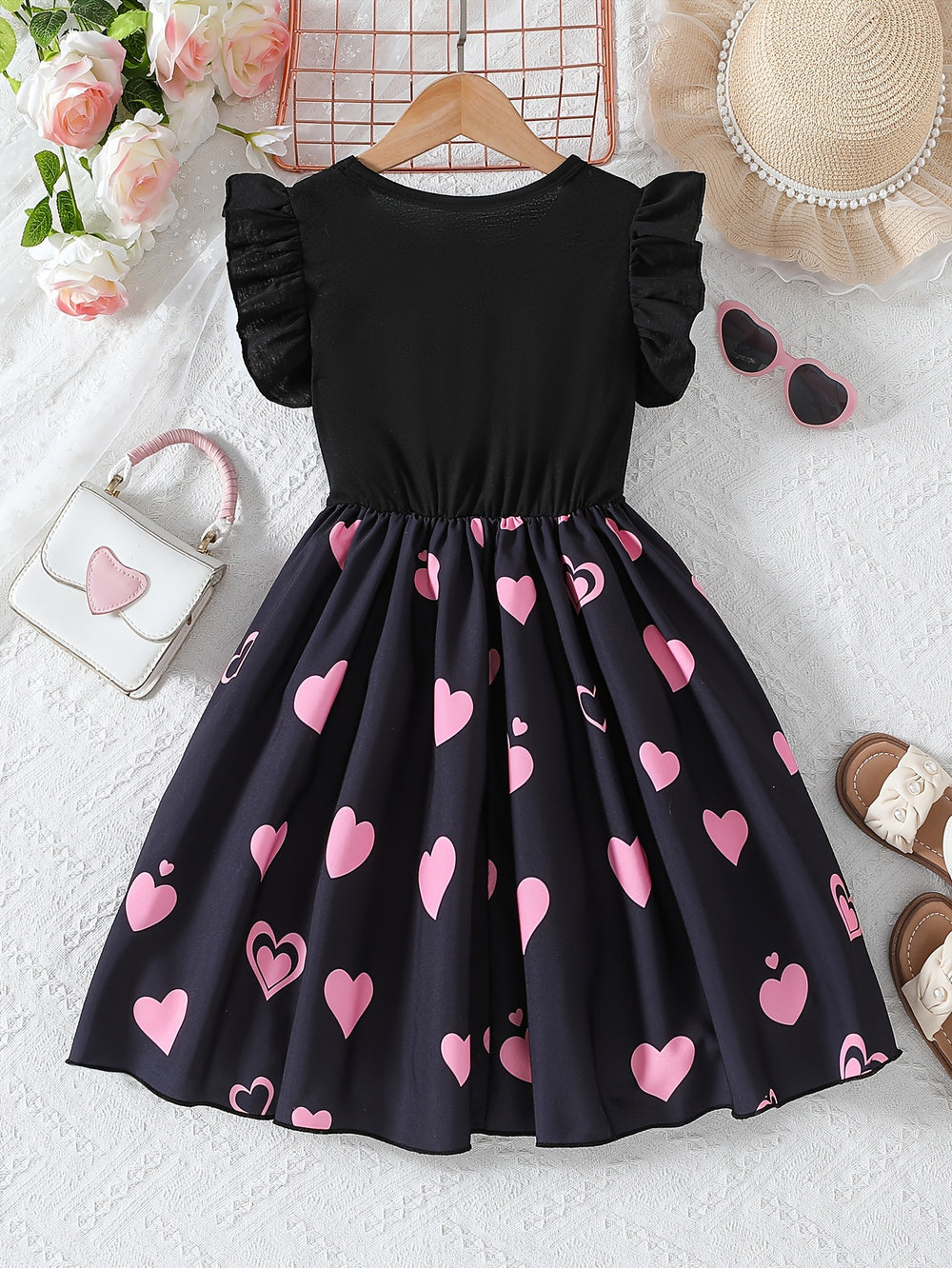girls' dress: sweet black flutter sleeve sundress with teddy bear and heart print - perfect for summer!