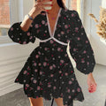 cross-border e-commerce women's fashion: european and american summer new arrivals - elegant and sweet printed v-neck lace mini dress
