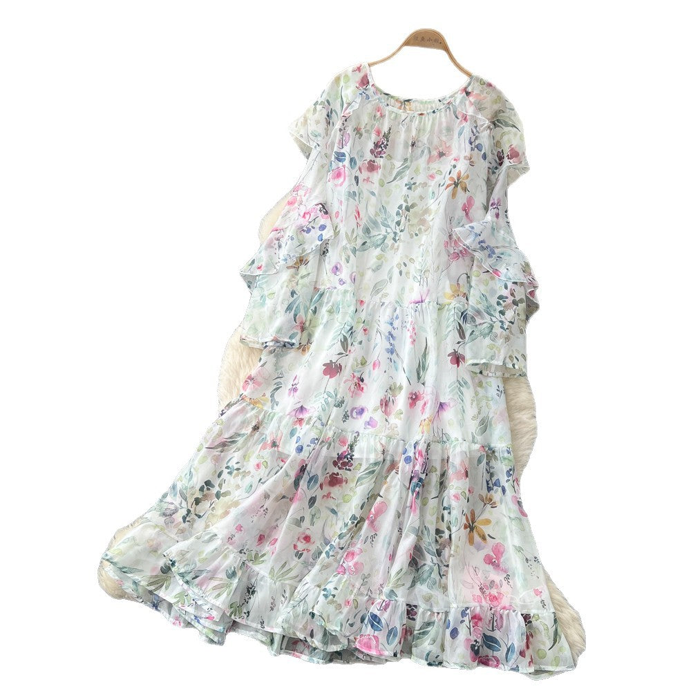 French chic white floral long sleeve dress - women's summer ruffle trim high waist, elegant, age-defying, vacation style