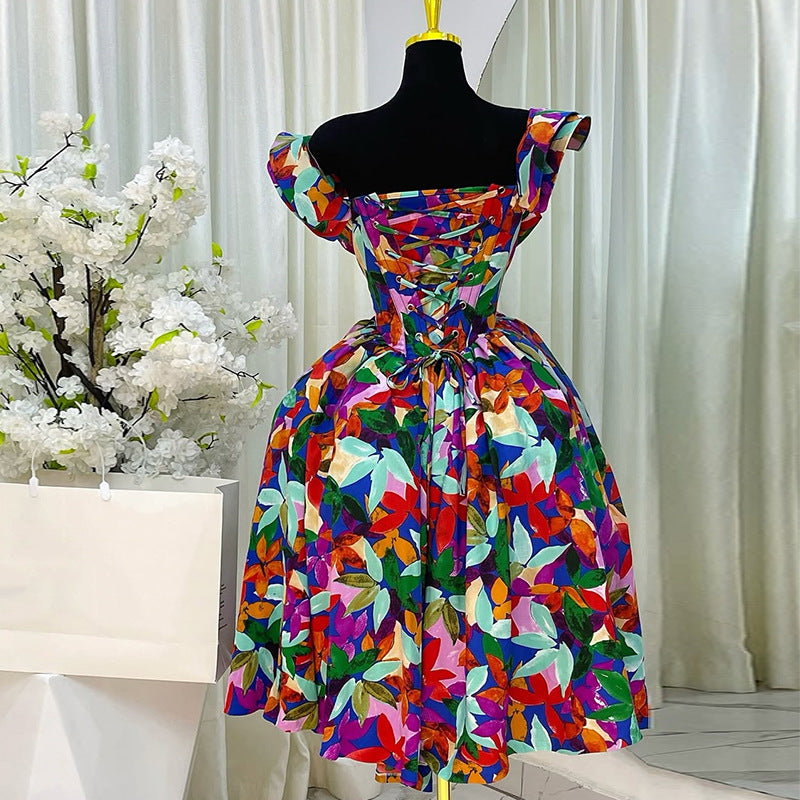 European and american cross-border women's fashion:  summer new arrival - elegant one-shoulder ruffle high-waisted a-line midi dress