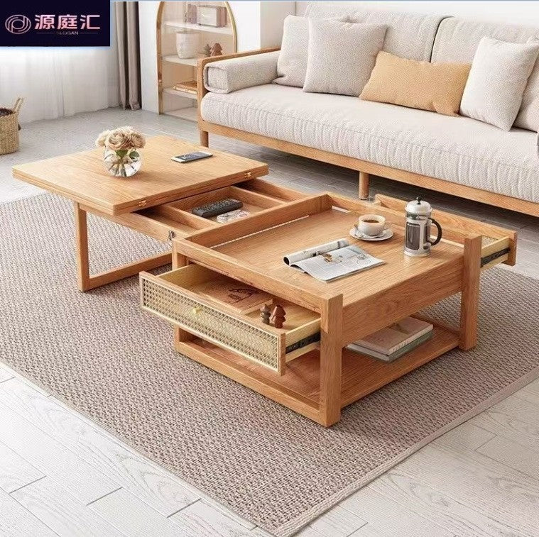 Solid wood lift-top coffee table & dining table combo - perfect for small living spaces, japanese-inspired minimalist modern style, light luxury creative double-layer table