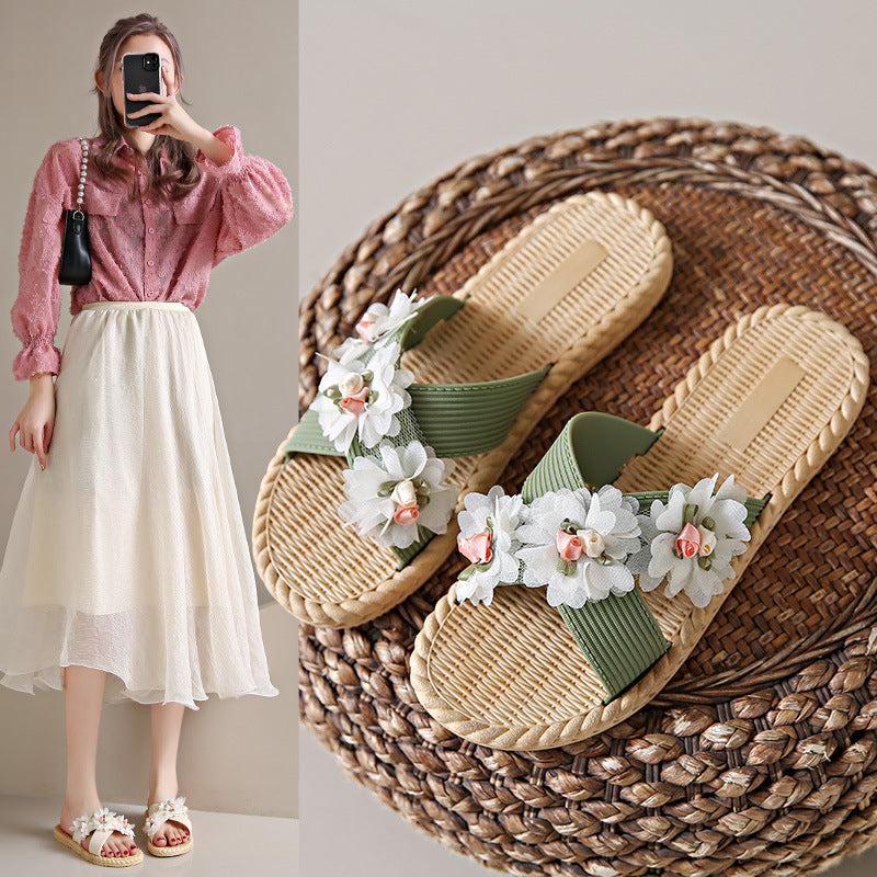 Fabric flower three-flower flip-flops women's summer outwearfashionabrasion resistantnon-slip cross-strap flats beach shoes women's sandals