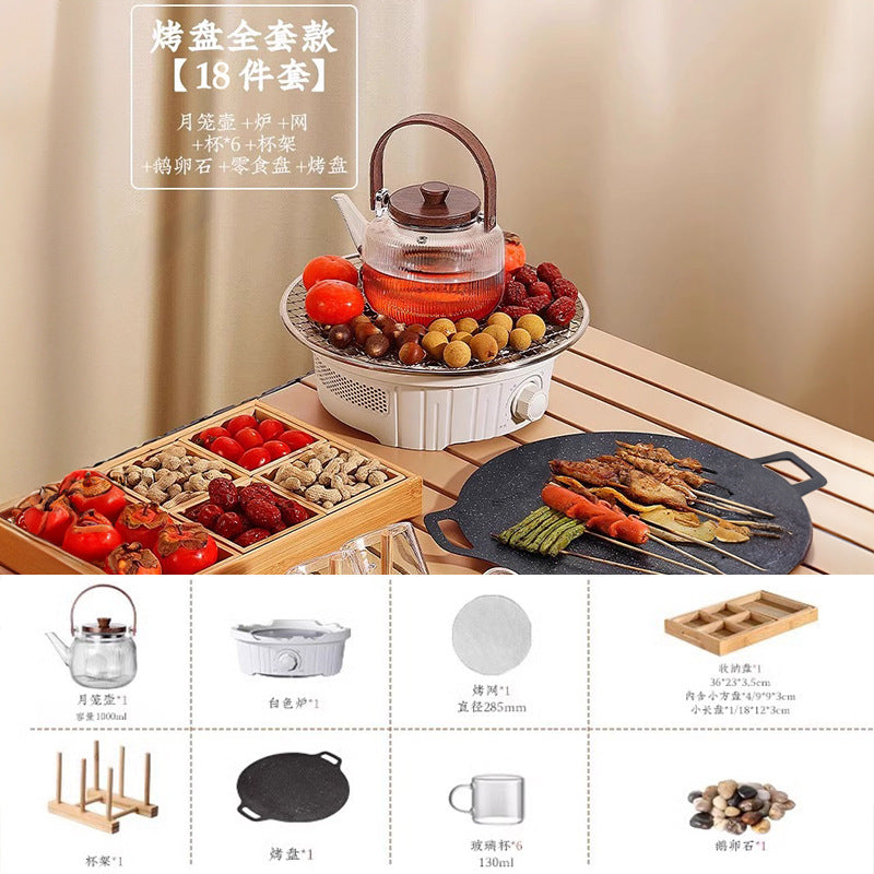 Electric ceramic stove tea set - complete tea brewing kit for home use: includes glass teapot, electric oven, tea cups, fruit plate, and tea accessories