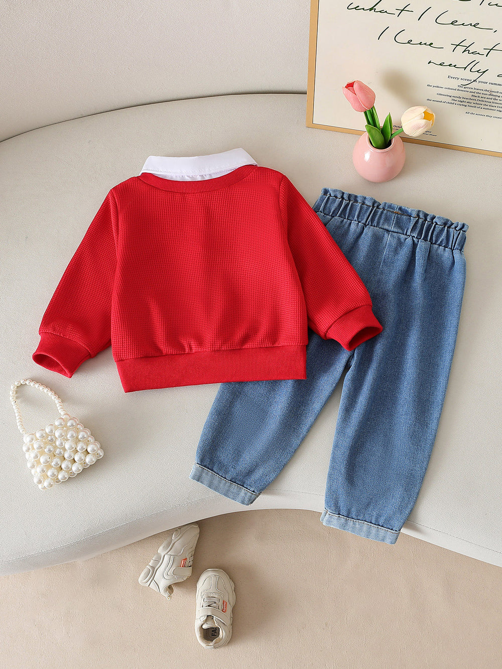 new spring cross-border textured collar patchwork top + bowknot embroidered denim pants set