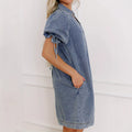 European and american style women's drawstring bubble short sleeve blue denim dress with turn-down collar - washed, non-stretch