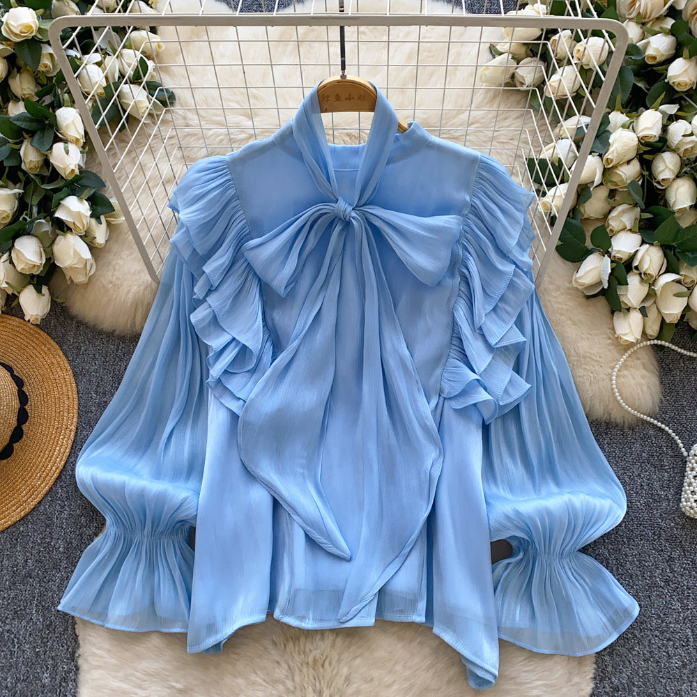 Sense of designniche style chic fungus edge beaded shirt women's stand collar lantern sleeve single breasted pure colorsweettops