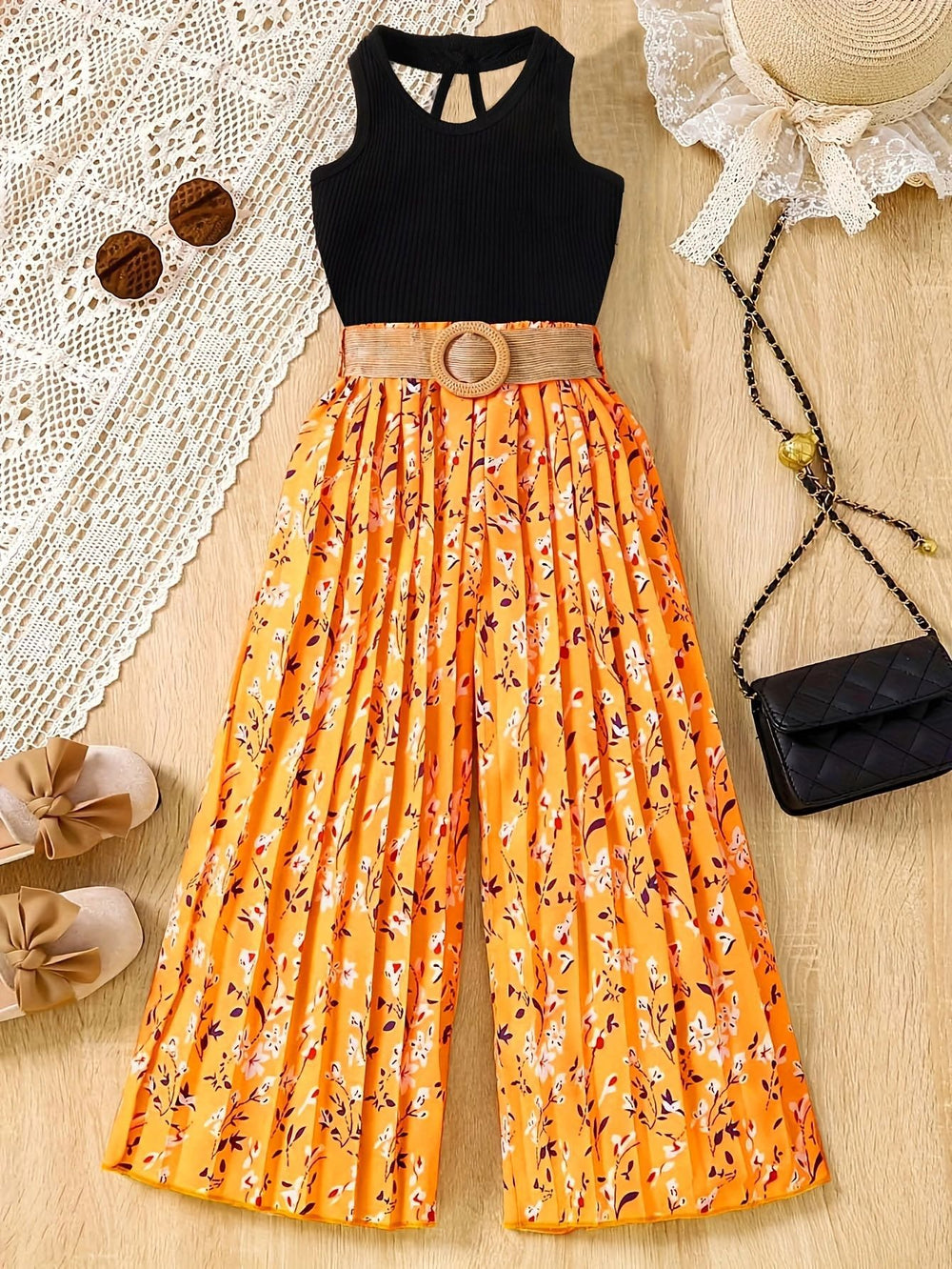 european and american style cross-border girls' solid color tank top + wide-leg pleated pants set with belt for older girls