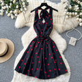 French sweet polka dot halter dress women's summer korean style v-neck backless tie-waist slimming mini dress