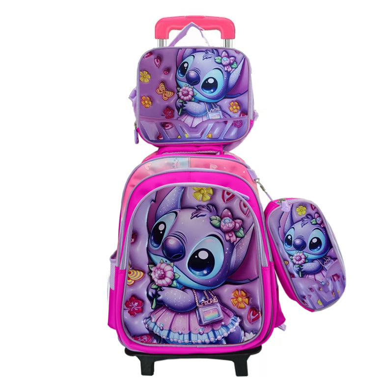 New arrival concave and convex leather primary school student pull rod school bag for grades 3 to 6 kids cartoon three-piece set backpack in stock