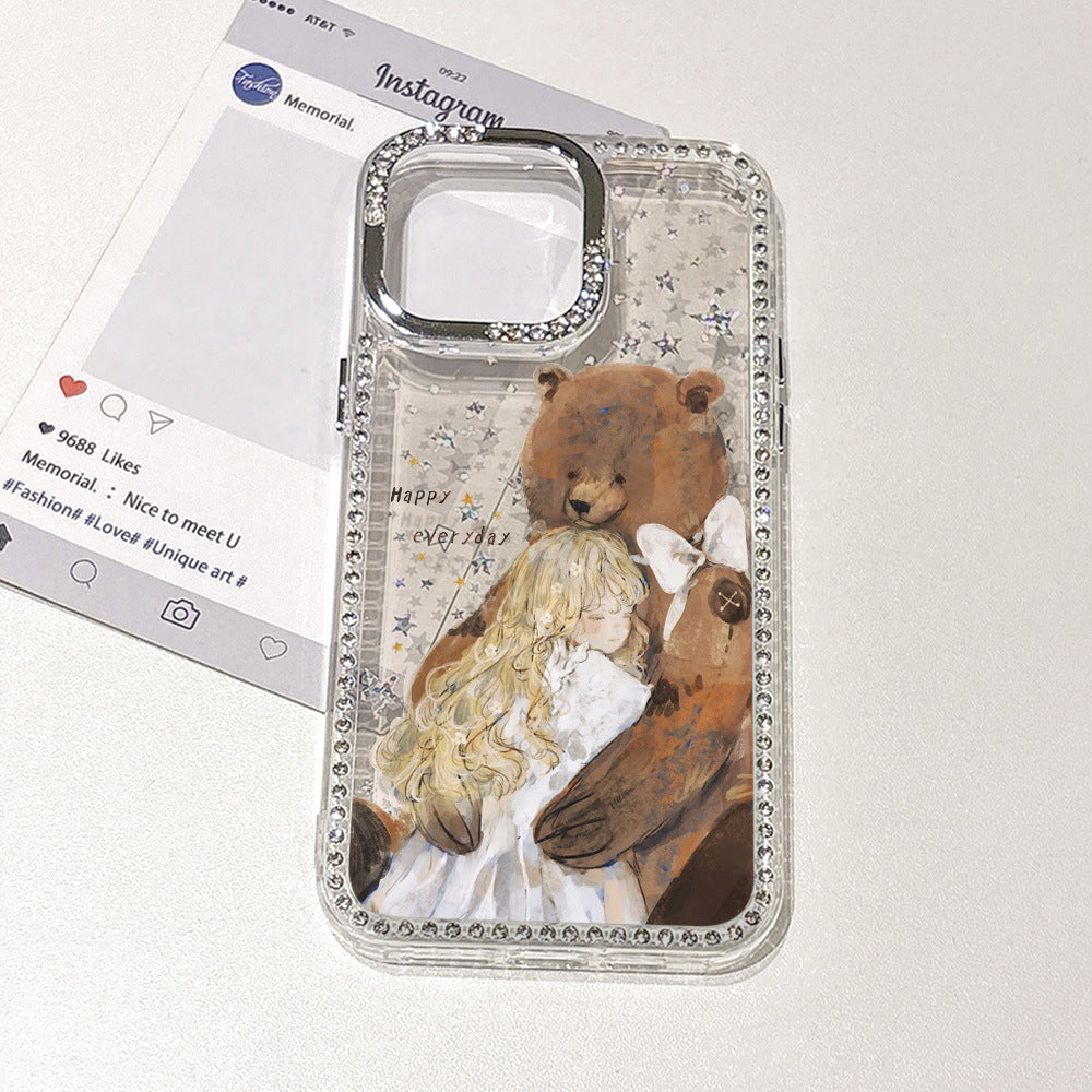 Suitable for iphone 16 hand-painted girl and bear mobile phone case apple 17 diamond glitter anti-fall diamond star hard case