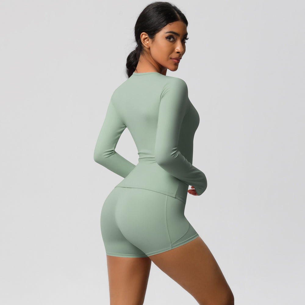 European and american solid color slim-fit long sleeve t-shirt yoga outfit set - high-waisted, barely-there feel, quick-dry activewear two-piece set for running and fitness