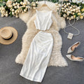 High and cold royal sister popularsuitpure color round neck vestshorttopshigh waist hip-covering mid-length skirt two-piece set for women