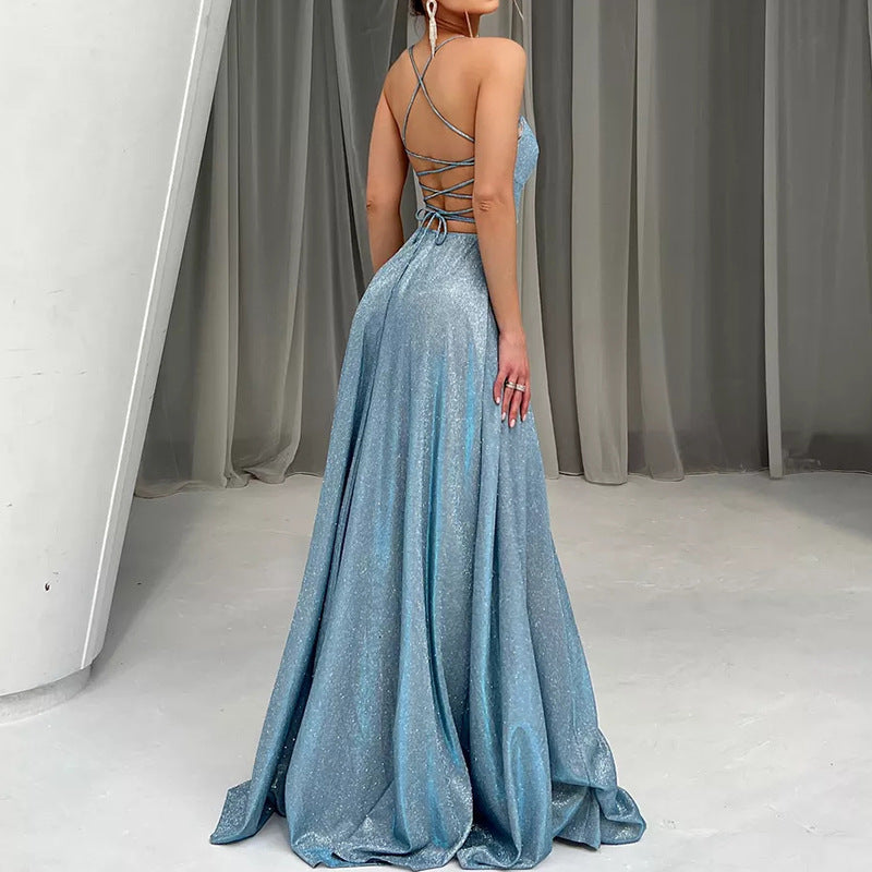 2025 european and american new women's spaghetti strap backless sexy slit glitter evening party banquet gown dress