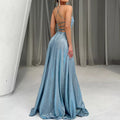 2025 european and american new women's spaghetti strap backless sexy slit glitter evening party banquet gown dress