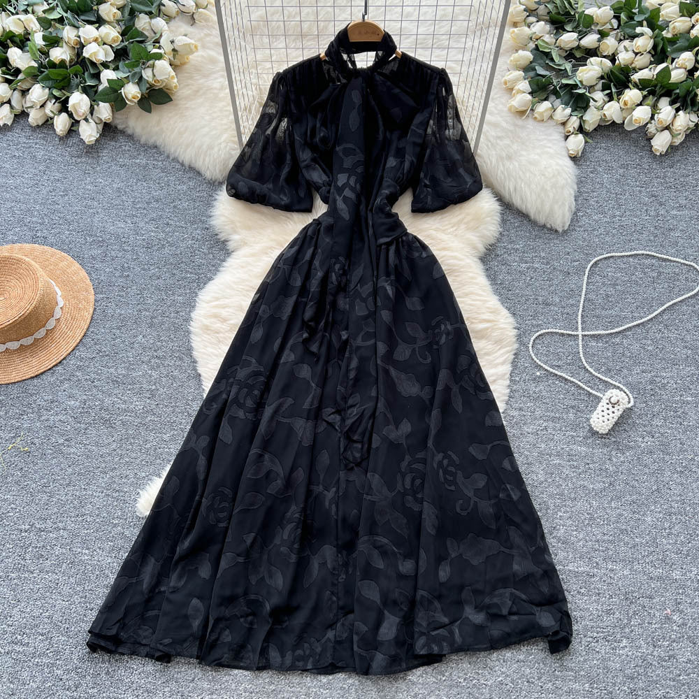 French chic bow-tie lantern sleeve dress - women's fashionable waist-cinching jacquard mesh flowy maxi dress