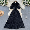 French chic bow-tie lantern sleeve dress - women's fashionable waist-cinching jacquard mesh flowy maxi dress