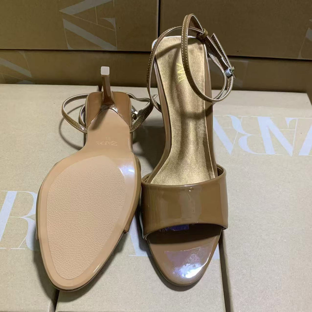Za's 2025 new women's shoes: low-heeled, elegant, socialite-style pumps with closed toe, low-cut, back-strap detail, brown, open-toe design