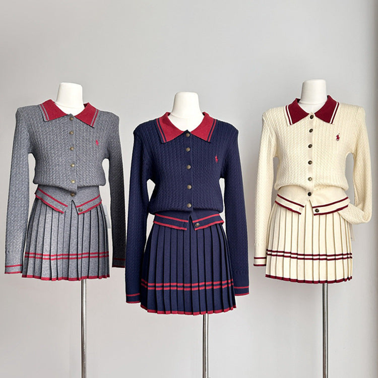 Preppy style small spur embroiderpolo collar long sleevesknittingcardigan women's autumtwo-piece setsweaterhigh waistpleated short skirt