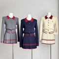 Preppy style small spur embroiderpolo collar long sleevesknittingcardigan women's autumtwo-piece setsweaterhigh waistpleated short skirt