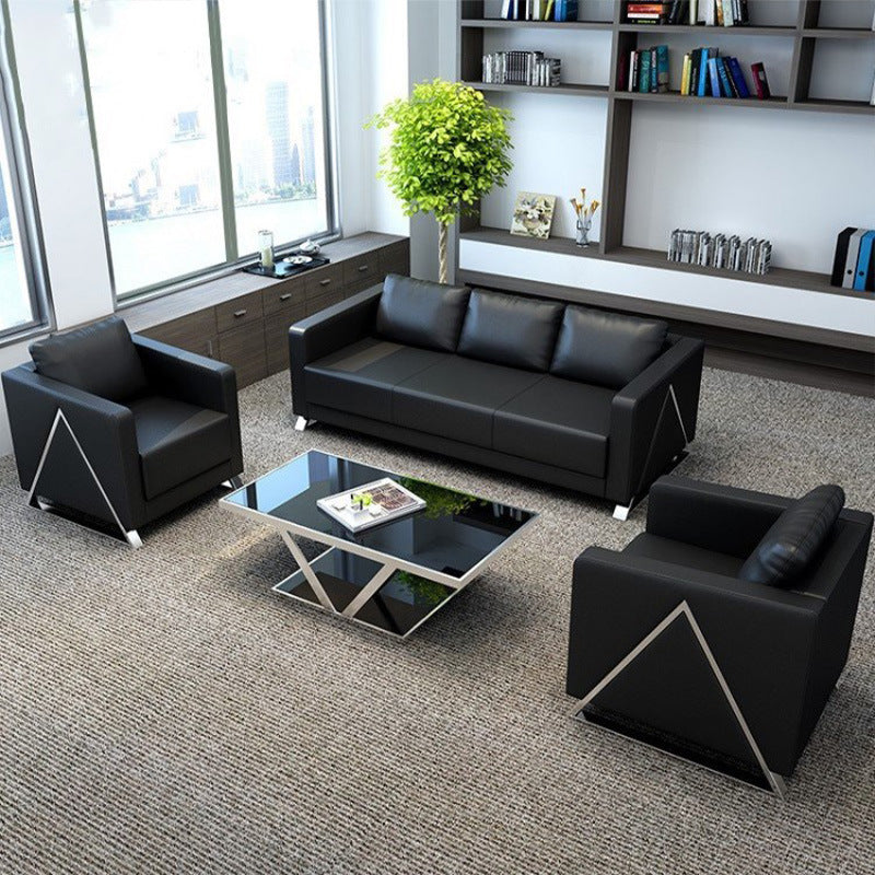 Business black leather office sofa casual reception room three-seater modular sofa lounge minimalist sofa