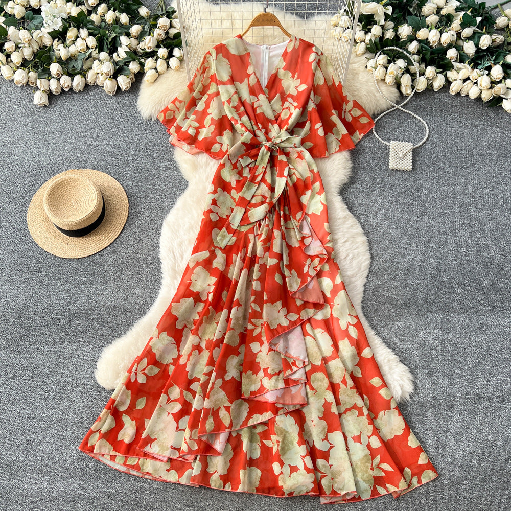 Women's spring dress : french chic tie-waist v-neck asymmetrical print chiffon maxi dress