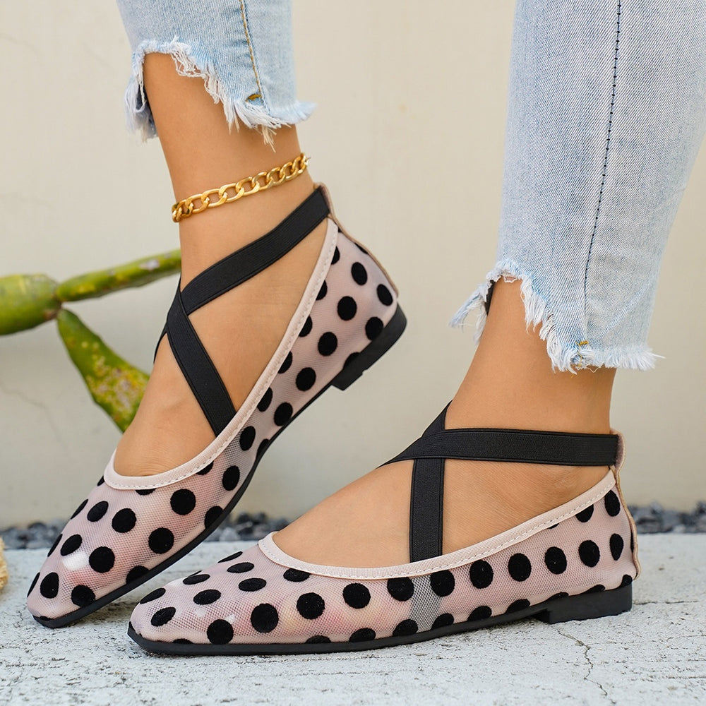 Exportfashion round toe shallow mesh polka dot one-piece buckle plus size 35-43 plaidflatsflats women's shoes