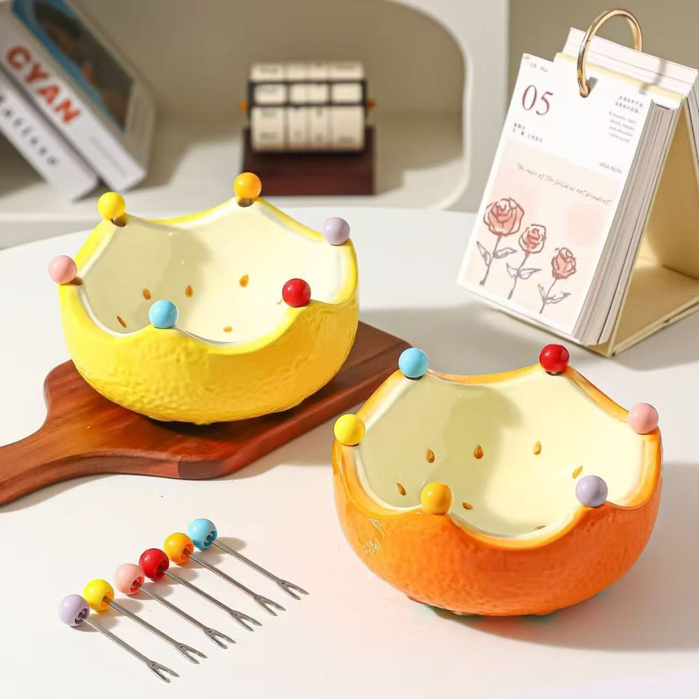 Creative ceramic orange fruit plate salad bowl for home living room stainless steel fork ins good-looking storage bowl