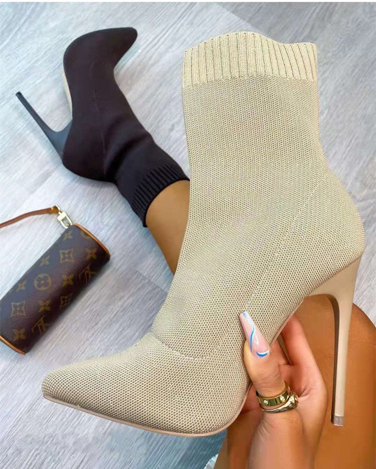 Exportplus sizefashion autumn style in stock pointed toe knitting knee socks high heel stiletto women's boots fly knit women's elastic sock boots
