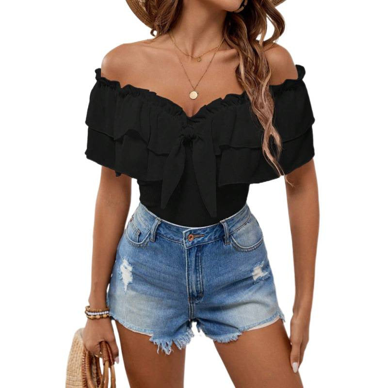Women's black off-the-shoulder ruffle trim tie-waist bow detail short sleeve top - perfect for summer casual and vacation looks