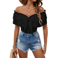 Women's black off-the-shoulder ruffle trim tie-waist bow detail short sleeve top - perfect for summer casual and vacation looks