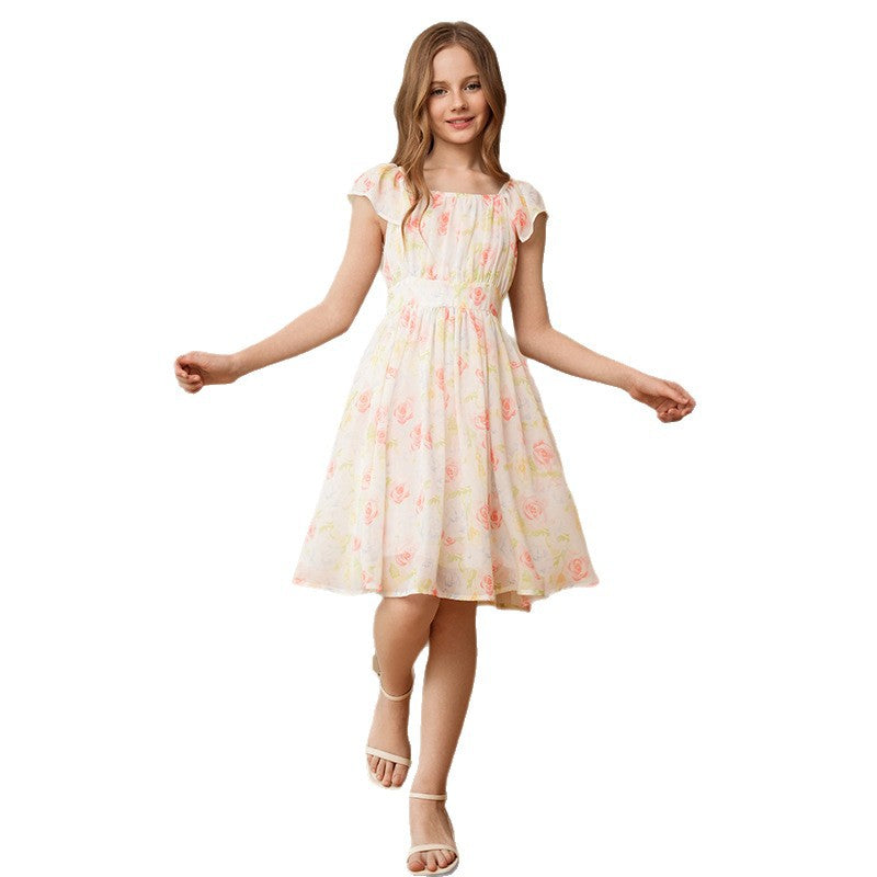 New girls' floral print dress - princess style, ruched waist, slim fit, fashionable kids' dress, beach dress